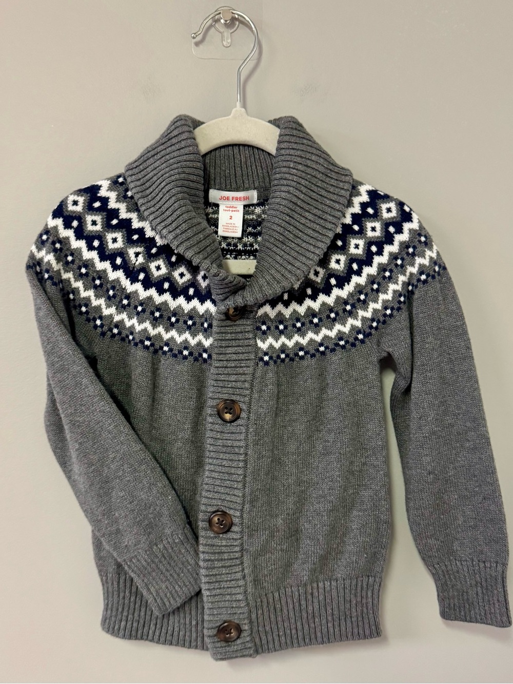 Joe Fresh Grey Fair Isle Shawl Collar Cardigan with Navy & White Accents